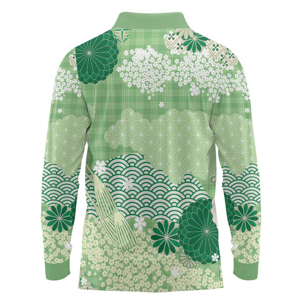 Green Palaka Japanese Patterns Long Sleeve Polo Shirt Asanoha Seigaiha Sakura Motif LT14 - Polynesian Pride