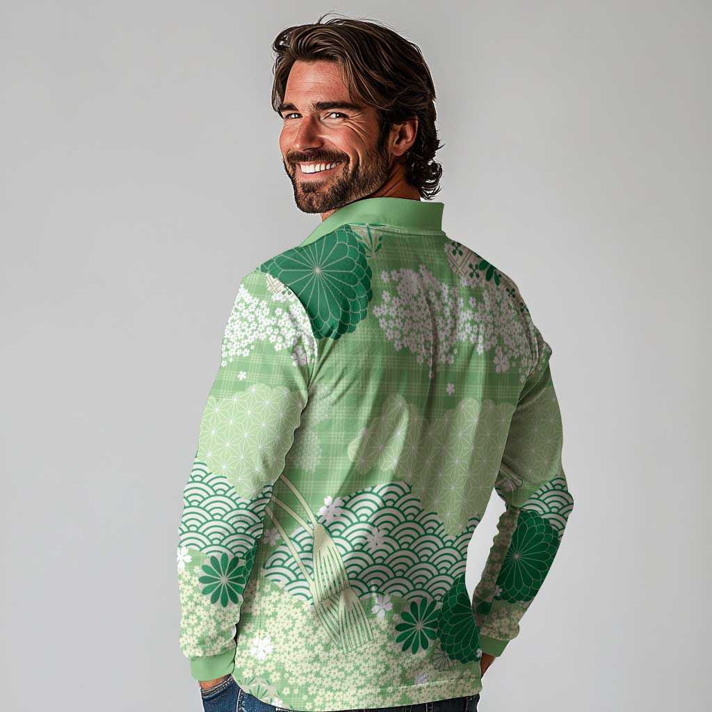 Green Palaka Japanese Patterns Long Sleeve Polo Shirt Asanoha Seigaiha Sakura Motif LT14 - Polynesian Pride