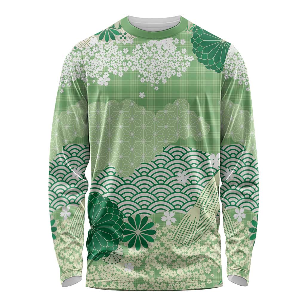 Green Palaka Japanese Patterns Long Sleeve Shirt Asanoha Seigaiha Sakura Motif LT14 Unisex Green - Polynesian Pride