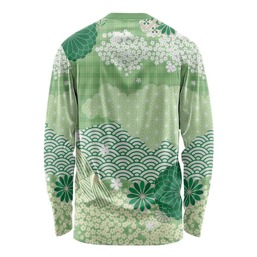Green Palaka Japanese Patterns Long Sleeve Shirt Asanoha Seigaiha Sakura Motif LT14 - Polynesian Pride