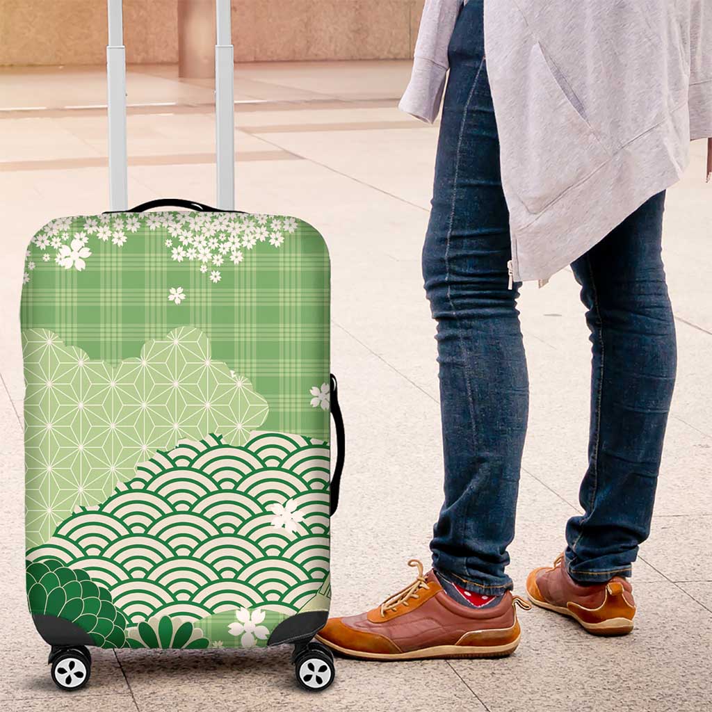 Green Palaka Japanese Patterns Luggage Cover Asanoha Seigaiha Sakura Motif - Polynesian Pride