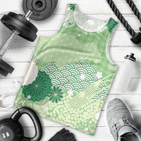 Green Palaka Japanese Patterns Men Tank Top Asanoha Seigaiha Sakura Motif - Polynesian Pride