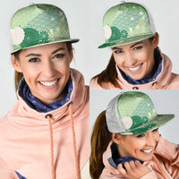 Green Japanese Traditional Motifs Mesh Trucker Cap Palaka With Asanoha Seigaiha Sakura - Polynesian Pride