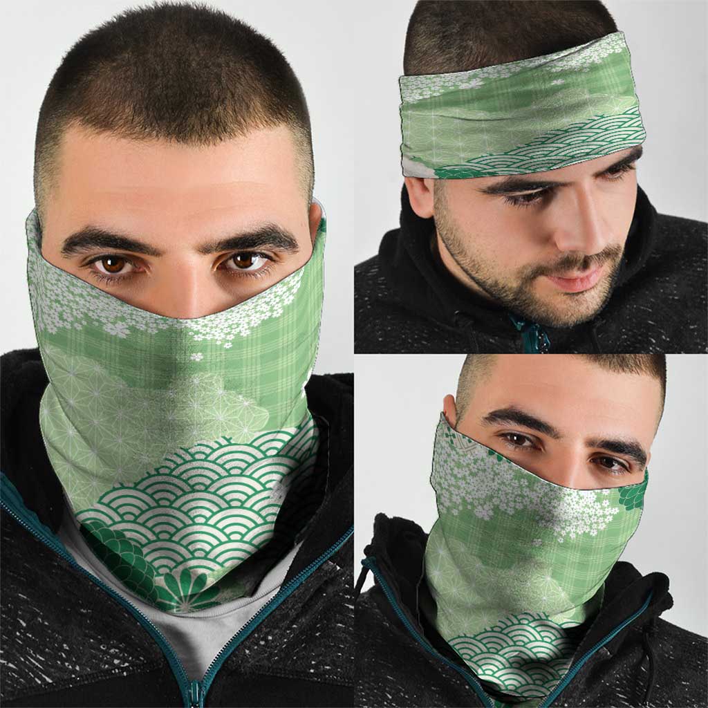Green Palaka Japanese Patterns Neck Gaiter Asanoha Seigaiha Sakura Motif - Polynesian Pride