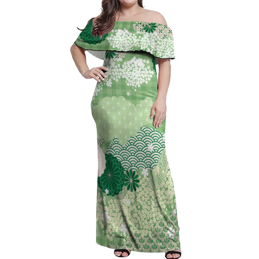 Green Palaka Japanese Patterns Off Shoulder Maxi Dress Asanoha Seigaiha Sakura Motif - Polynesian Pride