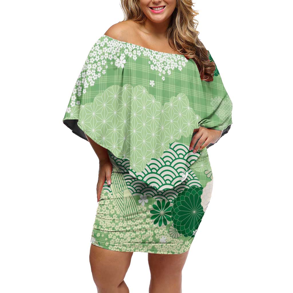 Green Palaka Japanese Patterns Off Shoulder Short Dress Asanoha Seigaiha Sakura Motif - Polynesian Pride