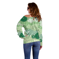 Green Palaka Japanese Patterns Off Shoulder Sweater Asanoha Seigaiha Sakura Motif - Polynesian Pride