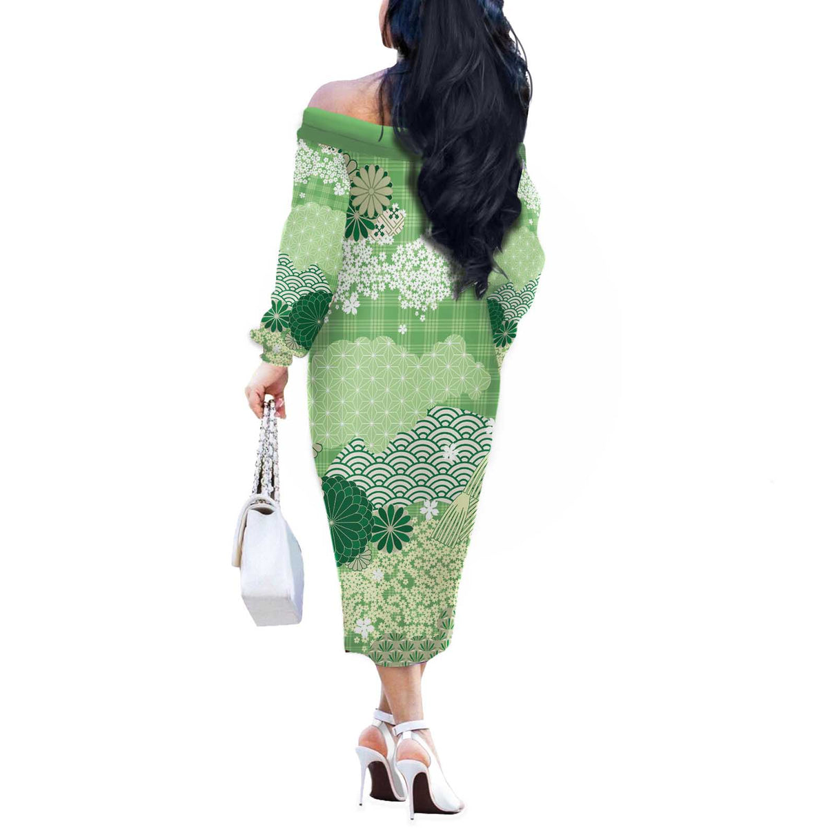 Green Palaka Japanese Patterns Off The Shoulder Long Sleeve Dress Asanoha Seigaiha Sakura Motif - Polynesian Pride
