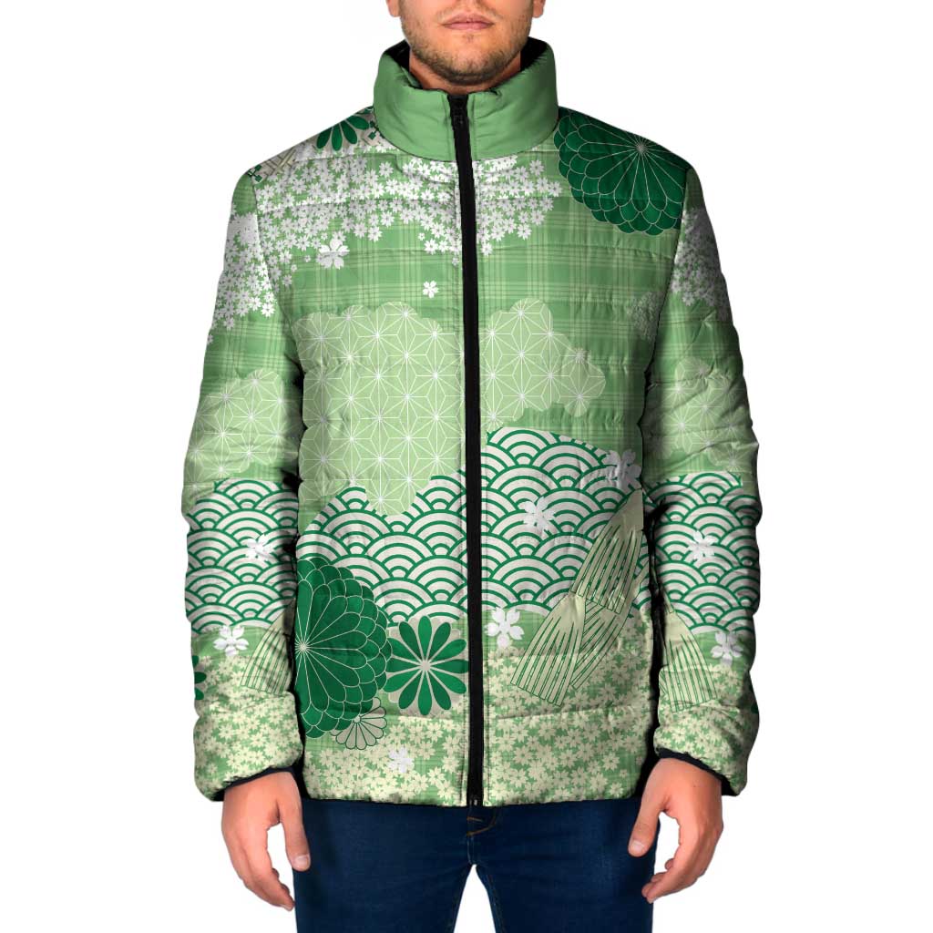 Green Palaka Japanese Patterns Padded Jacket Asanoha Seigaiha Sakura Motif LT14 Men Green - Polynesian Pride