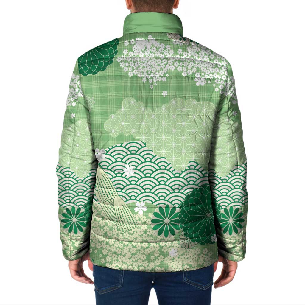 Green Palaka Japanese Patterns Padded Jacket Asanoha Seigaiha Sakura Motif LT14 - Polynesian Pride