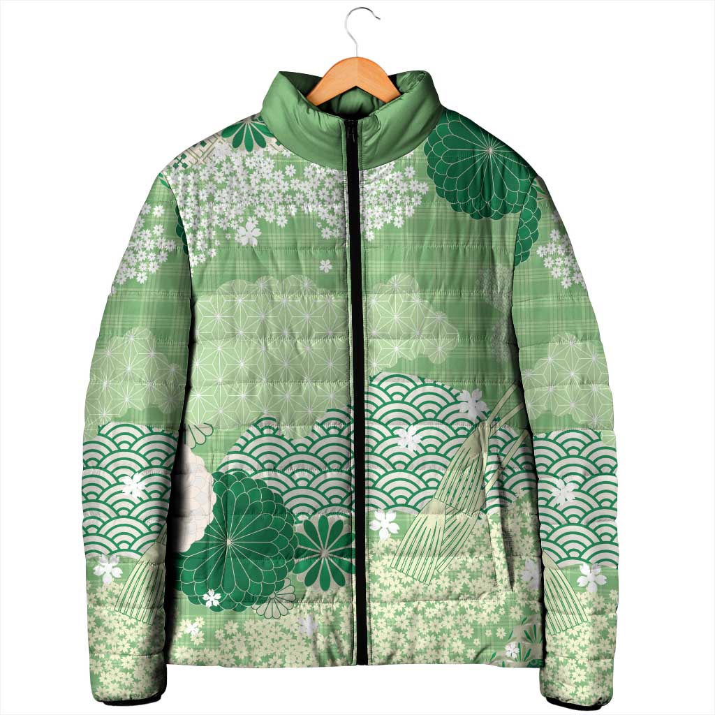 Green Palaka Japanese Patterns Padded Jacket Asanoha Seigaiha Sakura Motif LT14 - Polynesian Pride