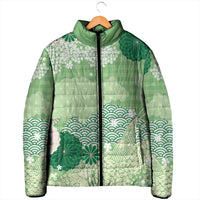 Green Palaka Japanese Patterns Padded Jacket Asanoha Seigaiha Sakura Motif LT14 - Polynesian Pride
