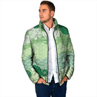Green Palaka Japanese Patterns Padded Jacket Asanoha Seigaiha Sakura Motif LT14 - Polynesian Pride