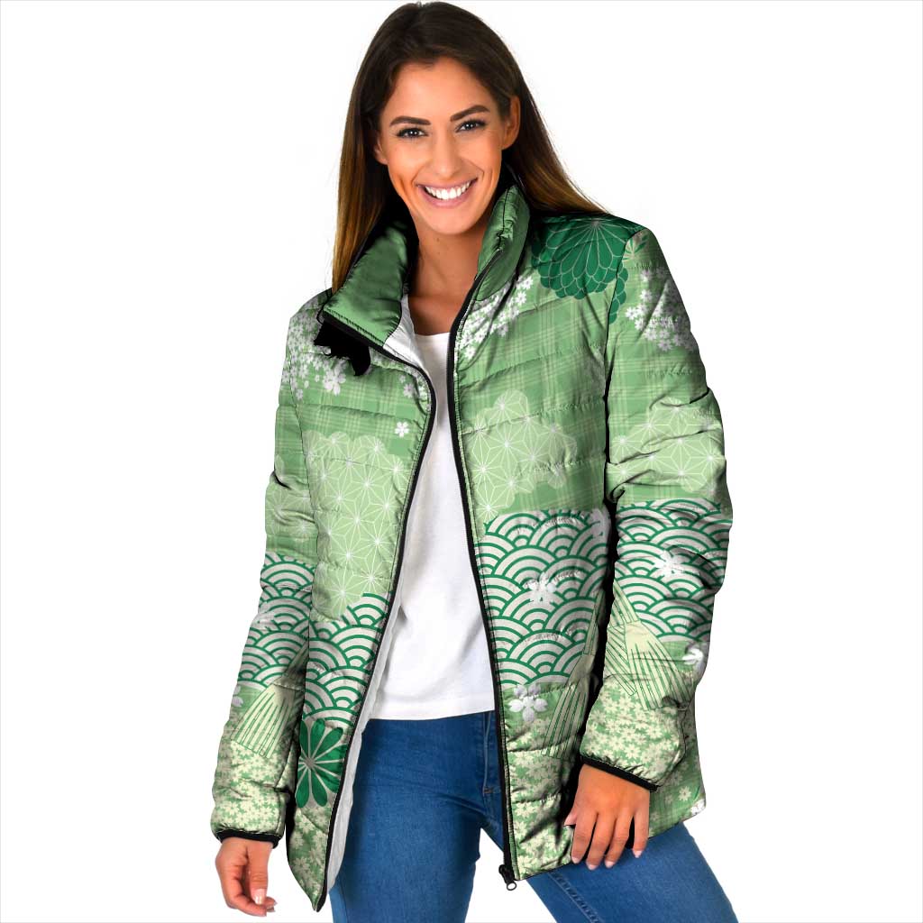 Green Palaka Japanese Patterns Padded Jacket Asanoha Seigaiha Sakura Motif LT14 Women Green - Polynesian Pride