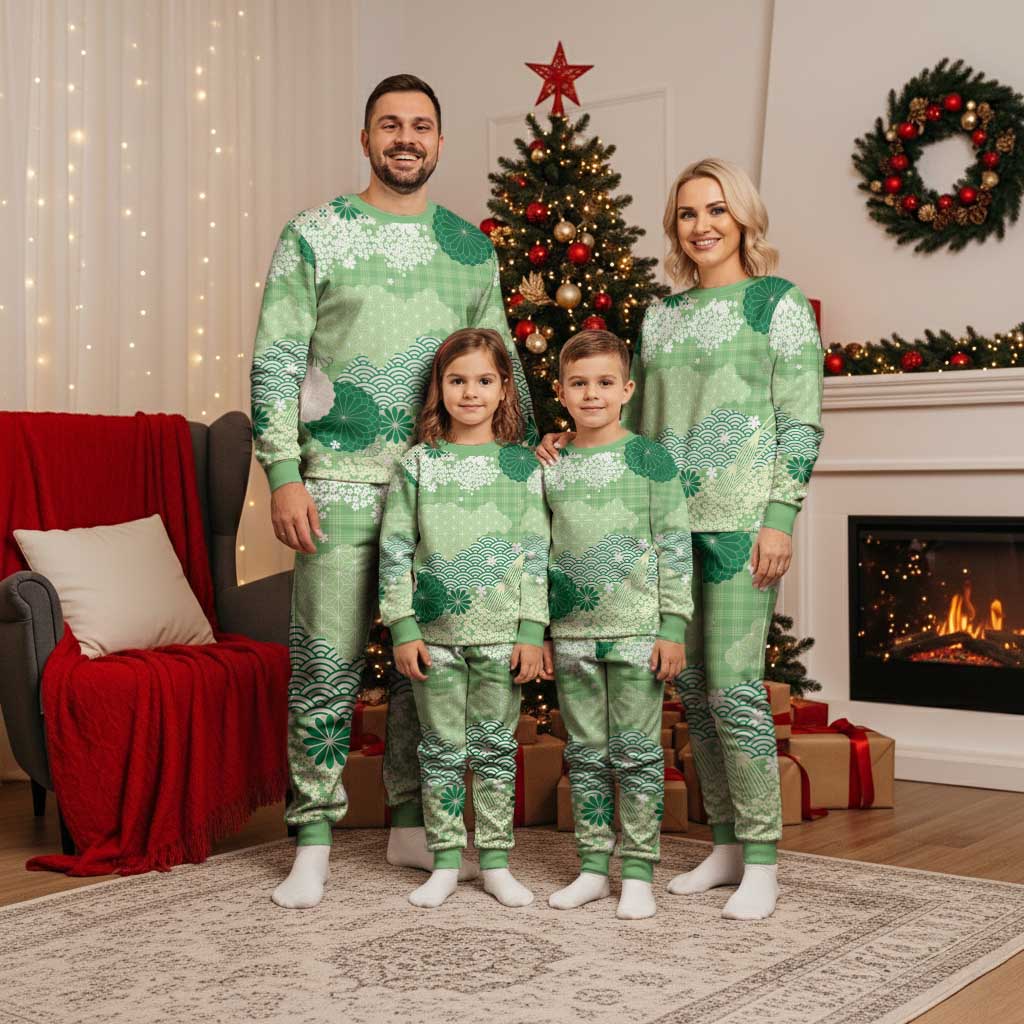 Green Palaka Japanese Patterns Christmas Pajama Set Asanoha Seigaiha Sakura Motif - Polynesian Pride