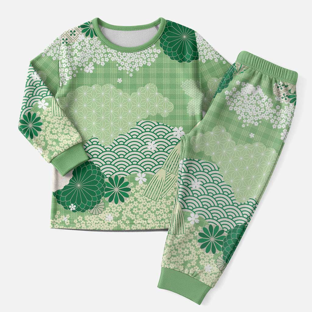 Green Palaka Japanese Patterns Christmas Pajama Set Asanoha Seigaiha Sakura Motif LT14 Men Green - Polynesian Pride