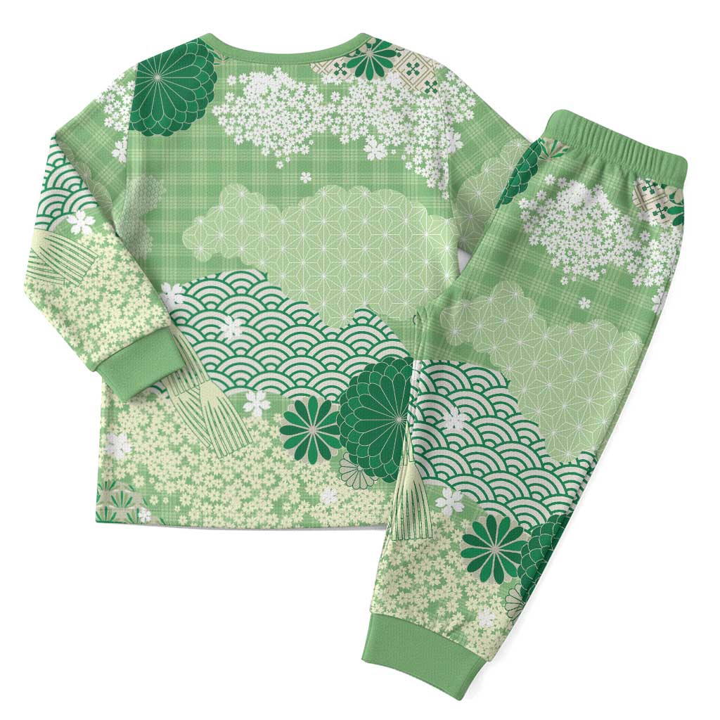 Green Palaka Japanese Patterns Christmas Pajama Set Asanoha Seigaiha Sakura Motif LT14 - Polynesian Pride