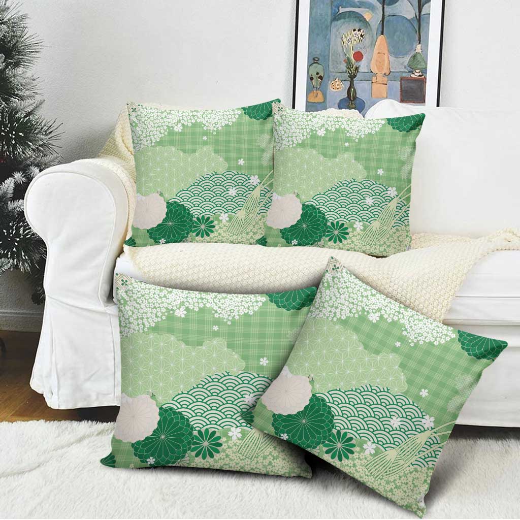 Green Palaka Japanese Patterns Pillow Cover Asanoha Seigaiha Sakura Motif - Polynesian Pride