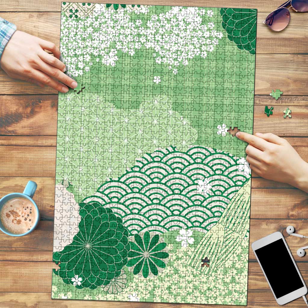 Green Palaka Japanese Patterns Puzzle Asanoha Seigaiha Sakura Motif LT14 Green - Polynesian Pride