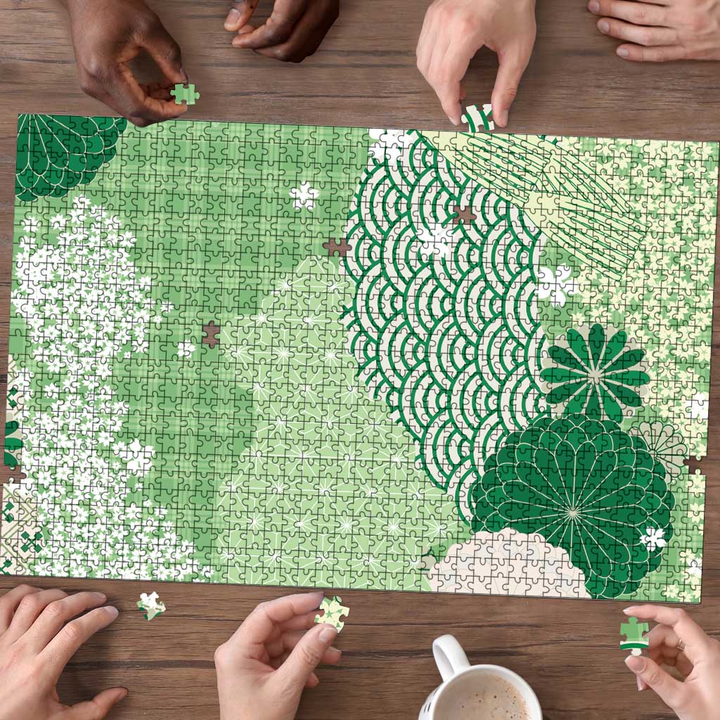 Green Palaka Japanese Patterns Puzzle Asanoha Seigaiha Sakura Motif LT14 - Polynesian Pride