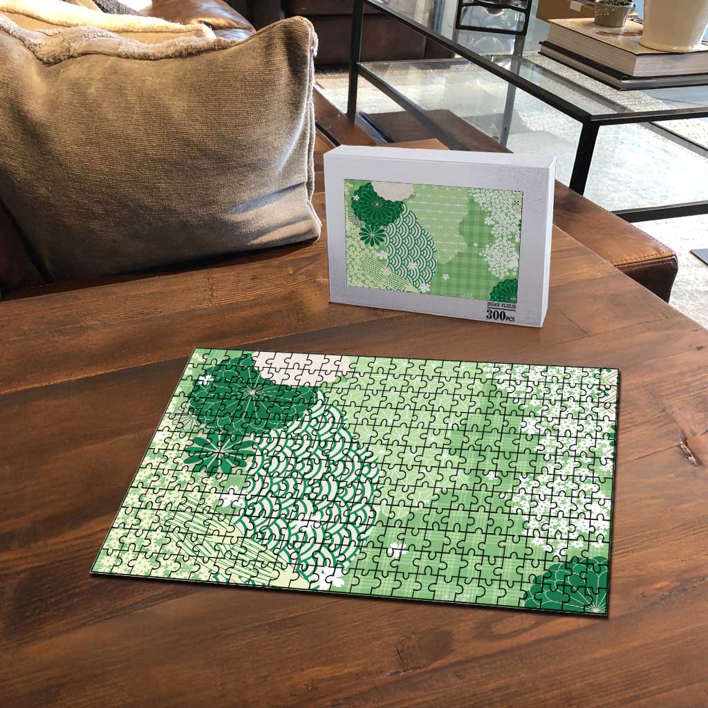 Green Palaka Japanese Patterns Puzzle Asanoha Seigaiha Sakura Motif LT14 - Polynesian Pride