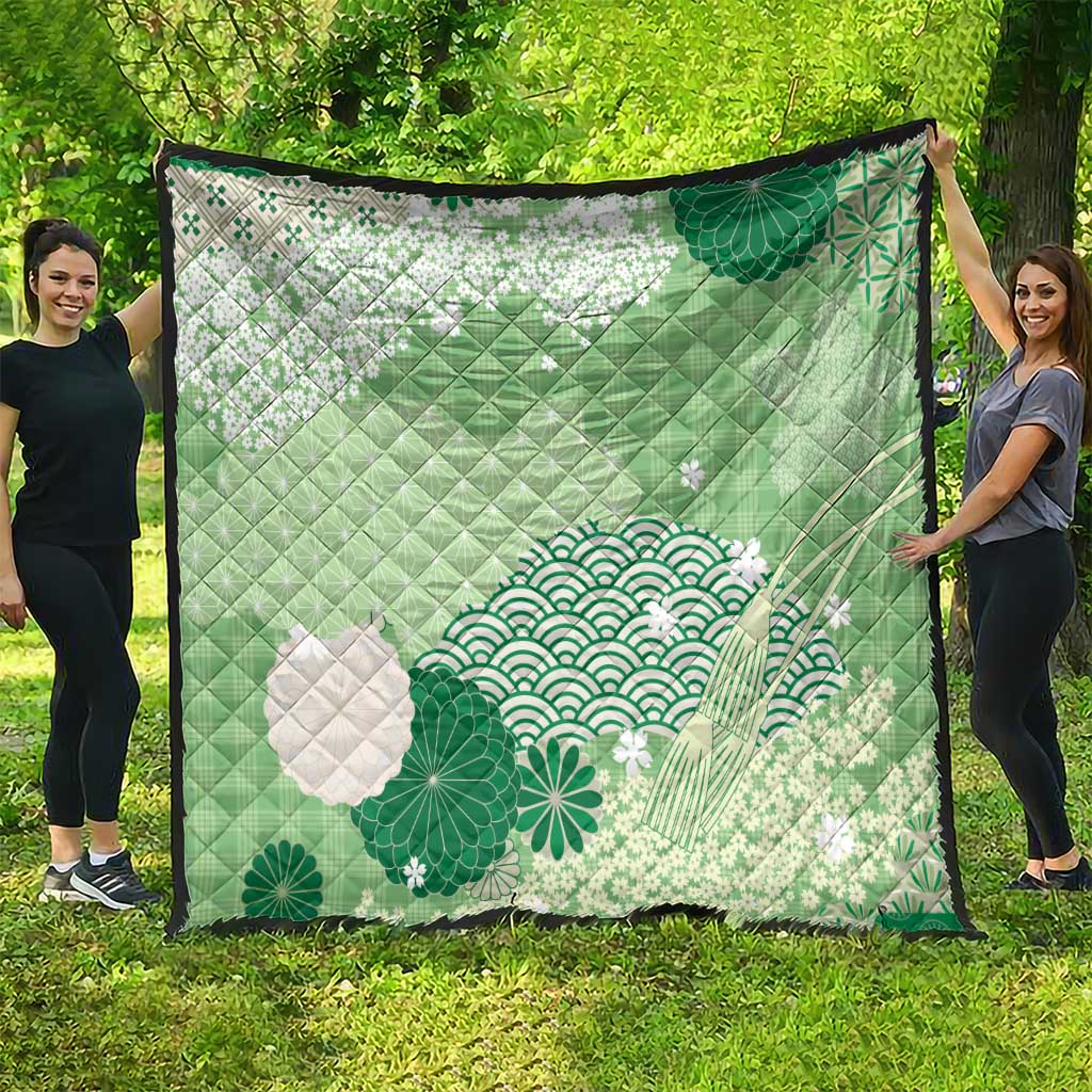 Green Palaka Japanese Patterns Quilt Asanoha Seigaiha Sakura Motif - Polynesian Pride