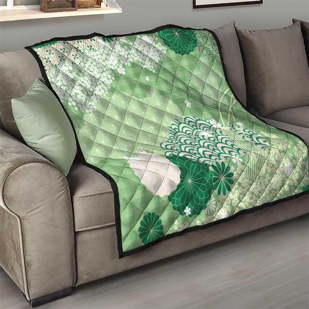 Green Palaka Japanese Patterns Quilt Asanoha Seigaiha Sakura Motif - Polynesian Pride