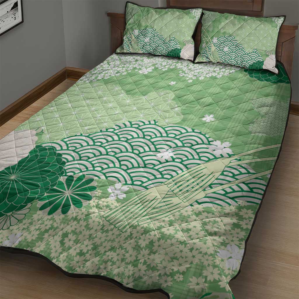 Green Palaka Japanese Patterns Quilt Bed Set Asanoha Seigaiha Sakura Motif - Polynesian Pride