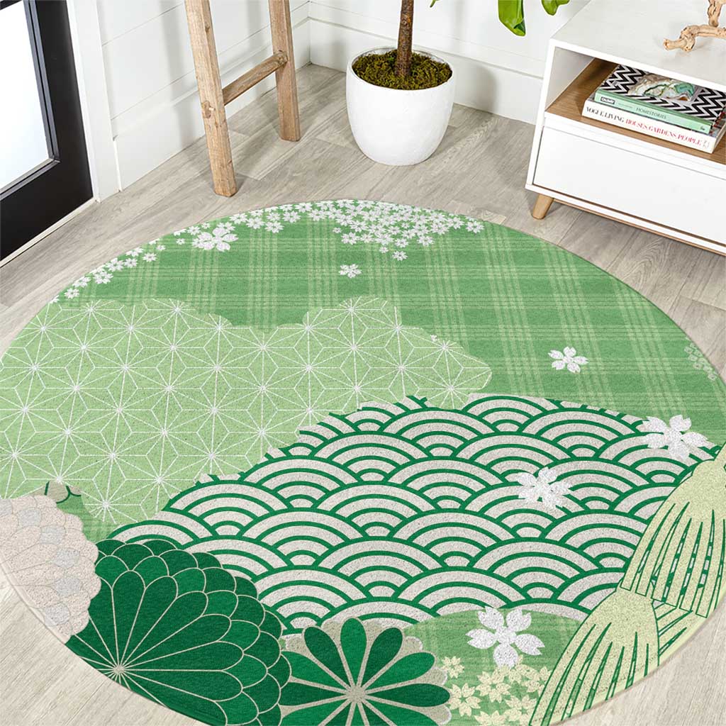 Green Palaka Japanese Patterns Round Carpet Asanoha Seigaiha Sakura Motif - Polynesian Pride