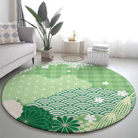 Green Palaka Japanese Patterns Round Carpet Asanoha Seigaiha Sakura Motif - Polynesian Pride