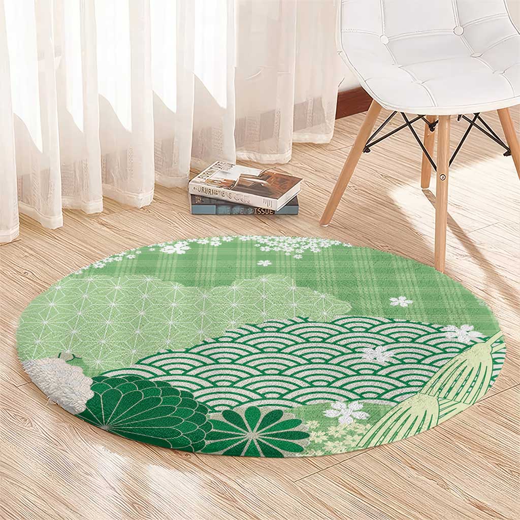 Green Palaka Japanese Patterns Round Carpet Asanoha Seigaiha Sakura Motif - Polynesian Pride