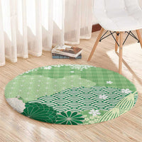 Green Palaka Japanese Patterns Round Carpet Asanoha Seigaiha Sakura Motif - Polynesian Pride