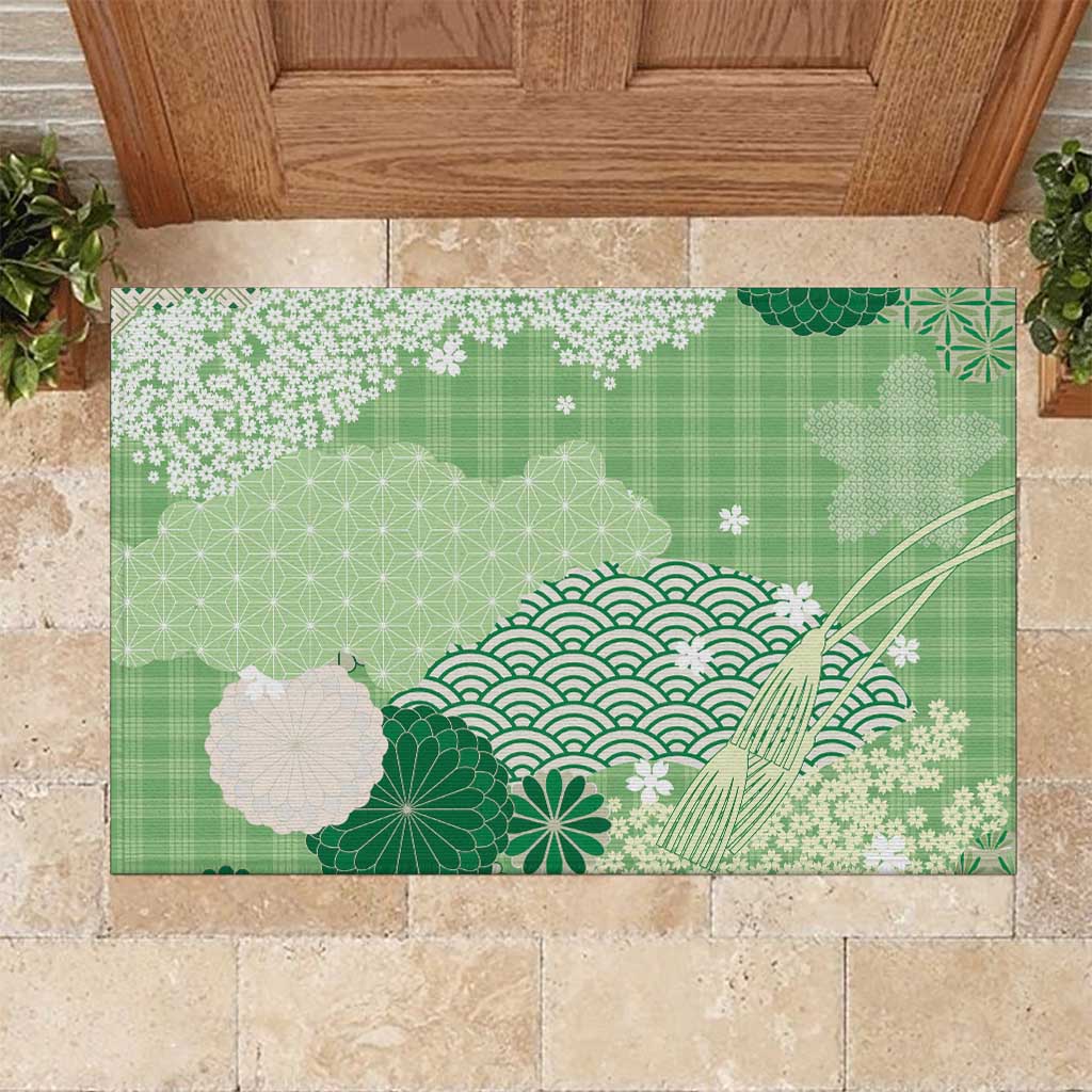 Green Palaka Japanese Patterns Rubber Doormat Asanoha Seigaiha Sakura Motif LT14 Green - Polynesian Pride