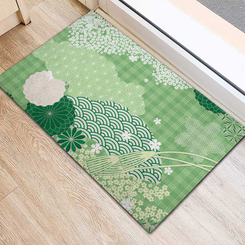 Green Palaka Japanese Patterns Rubber Doormat Asanoha Seigaiha Sakura Motif LT14 - Polynesian Pride