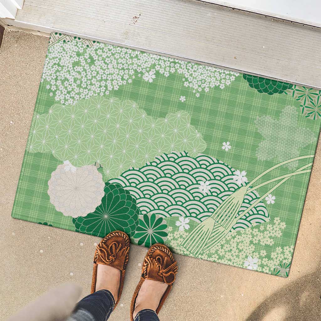 Green Palaka Japanese Patterns Rubber Doormat Asanoha Seigaiha Sakura Motif LT14 - Polynesian Pride