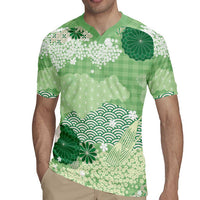 Green Palaka Japanese Patterns Rugby Jersey Asanoha Seigaiha Sakura Motif - Polynesian Pride