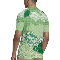 Green Palaka Japanese Patterns Rugby Jersey Asanoha Seigaiha Sakura Motif - Polynesian Pride