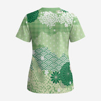 Green Palaka Japanese Patterns Scrub Top Asanoha Seigaiha Sakura Motif - Polynesian Pride