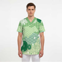 Green Palaka Japanese Patterns Scrub Top Asanoha Seigaiha Sakura Motif - Polynesian Pride