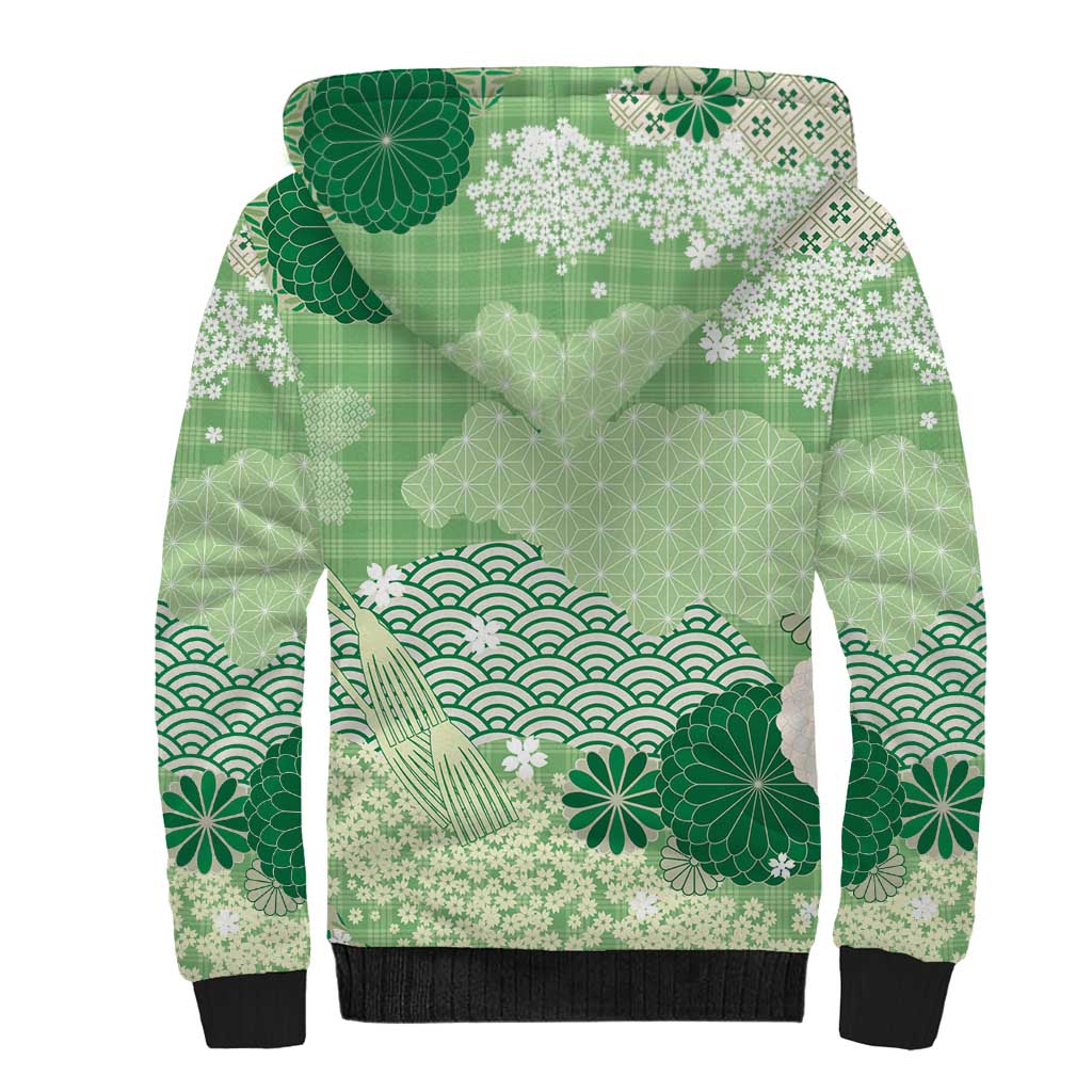 Green Palaka Japanese Patterns Sherpa Hoodie Asanoha Seigaiha Sakura Motif LT14 - Polynesian Pride