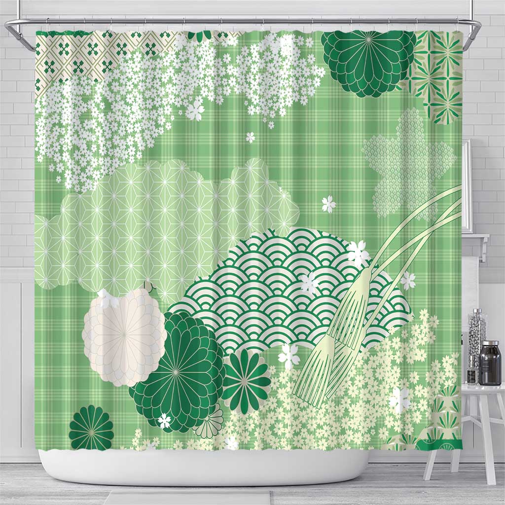 Green Palaka Japanese Patterns Shower Curtain Asanoha Seigaiha Sakura Motif - Polynesian Pride