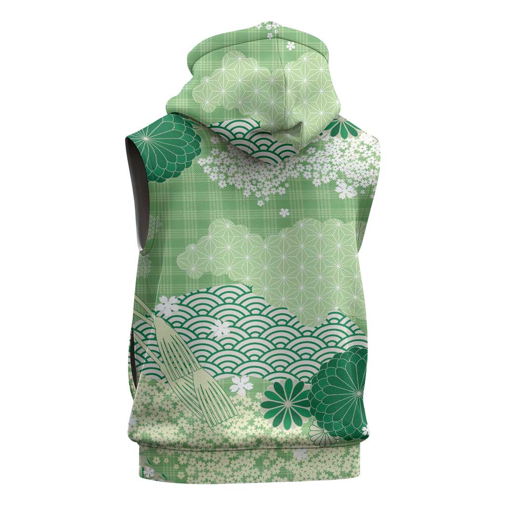 Green Palaka Japanese Patterns Sleeveless Hoodie Asanoha Seigaiha Sakura Motif LT14 - Polynesian Pride