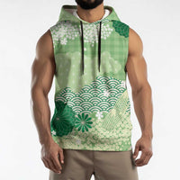 Green Palaka Japanese Patterns Sleeveless Hoodie Asanoha Seigaiha Sakura Motif LT14 - Polynesian Pride