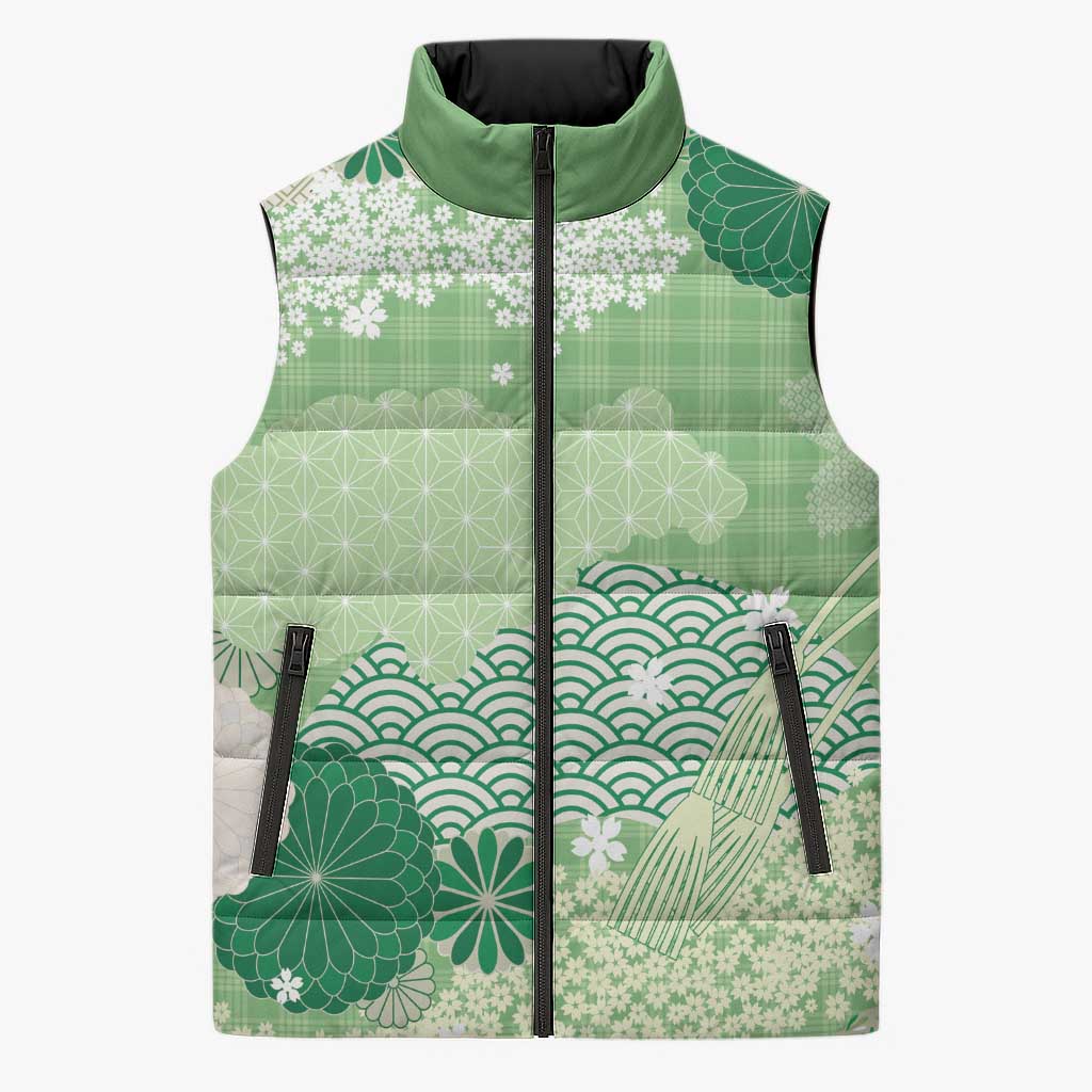 Green Palaka Japanese Patterns Sleeveless Puffer Jacket Asanoha Seigaiha Sakura Motif LT14 Unisex Green - Polynesian Pride