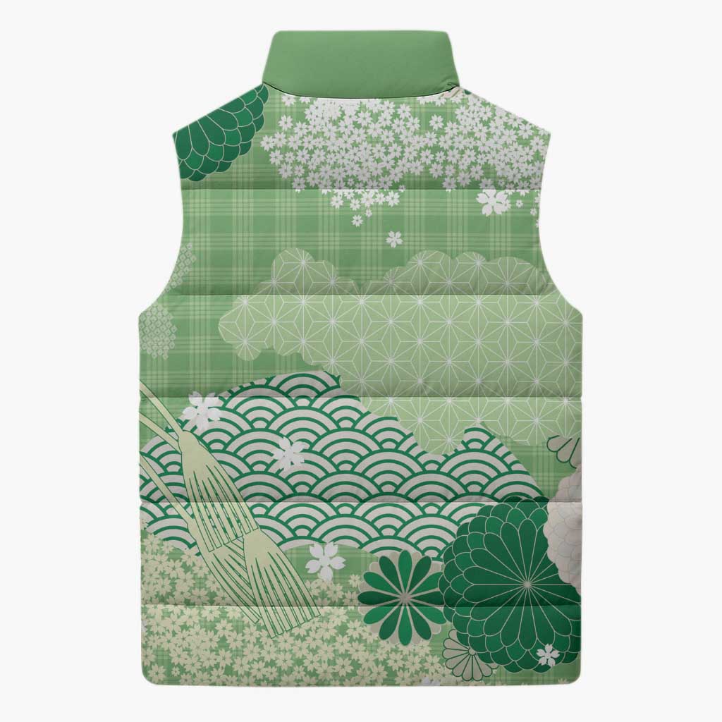 Green Palaka Japanese Patterns Sleeveless Puffer Jacket Asanoha Seigaiha Sakura Motif LT14 - Polynesian Pride