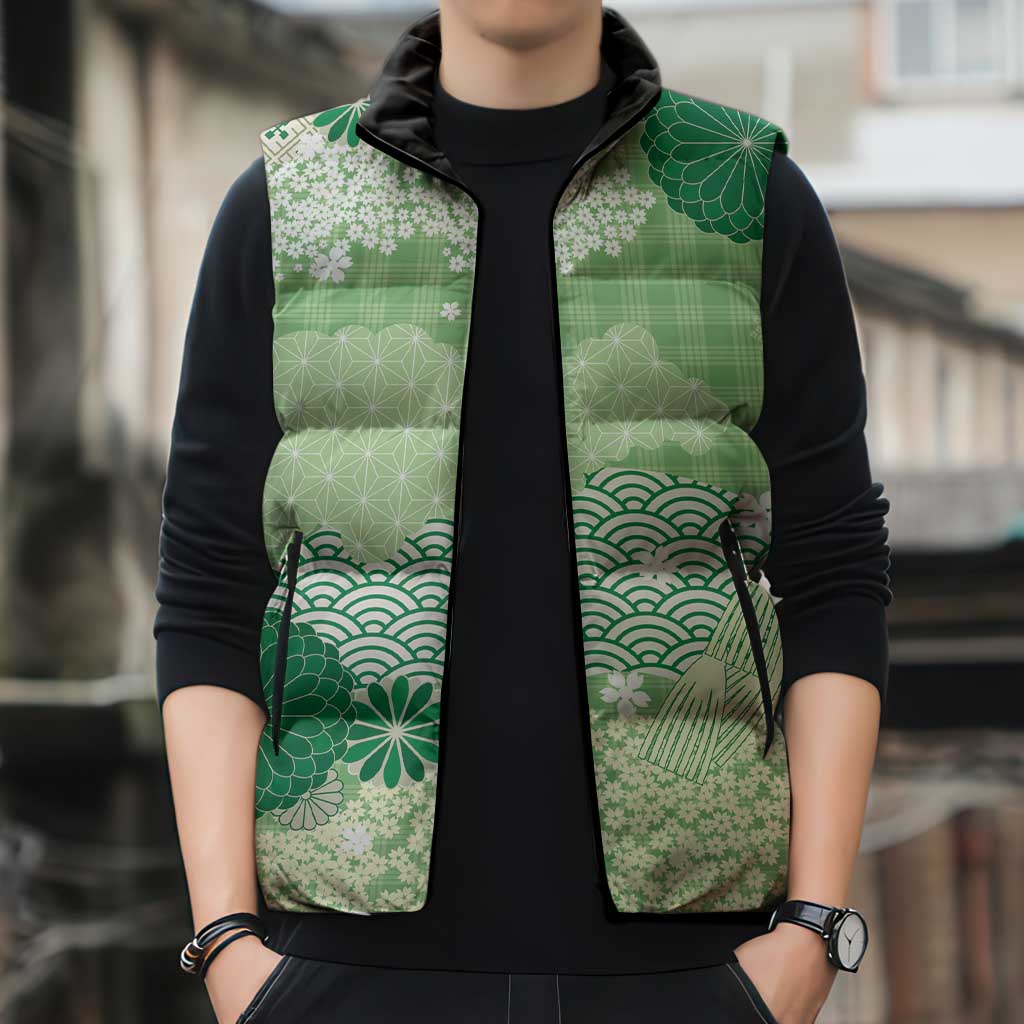 Green Palaka Japanese Patterns Sleeveless Puffer Jacket Asanoha Seigaiha Sakura Motif LT14 - Polynesian Pride