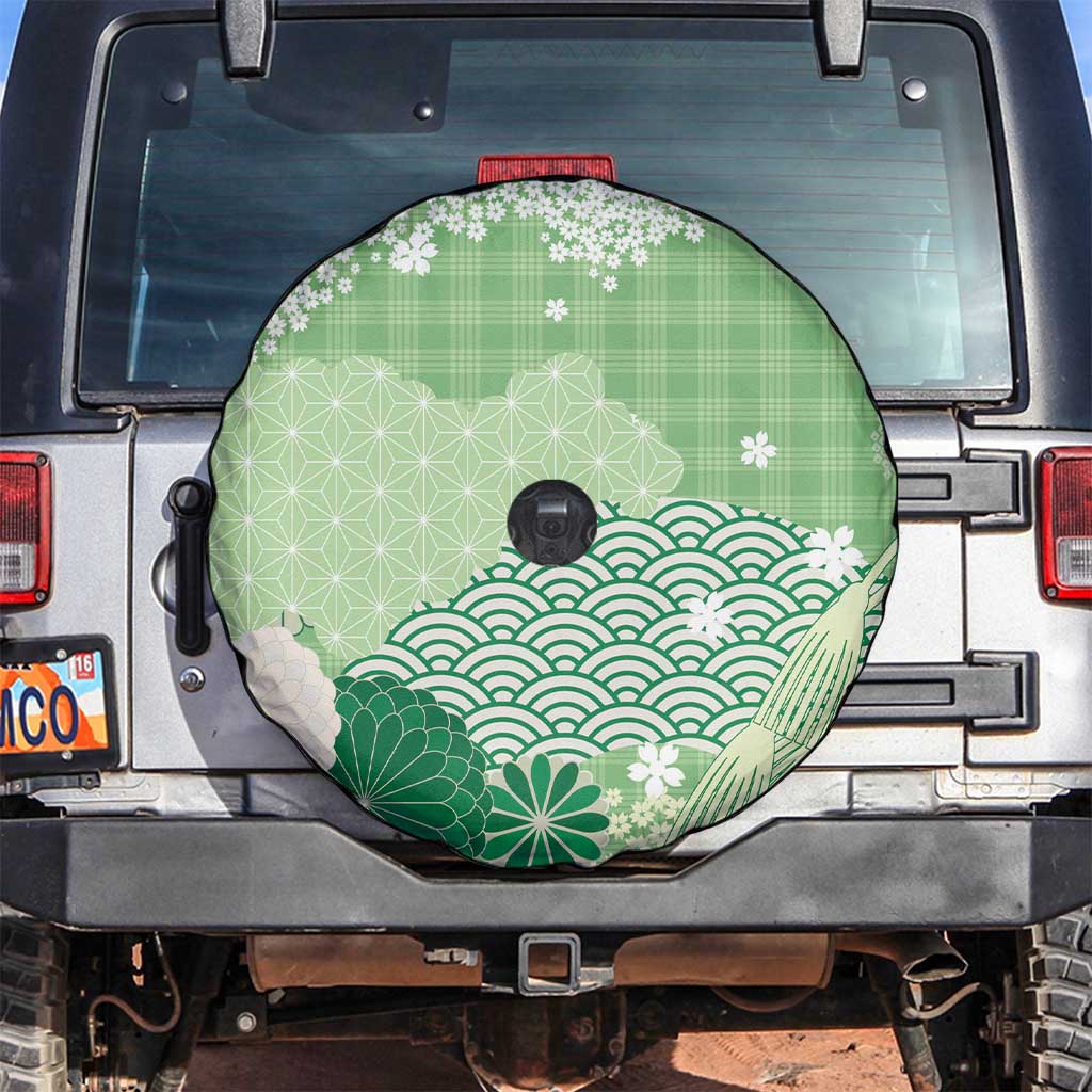 Green Palaka Japanese Patterns Spare Tire Cover Asanoha Seigaiha Sakura Motif - Polynesian Pride