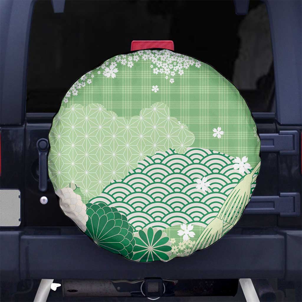 Green Palaka Japanese Patterns Spare Tire Cover Asanoha Seigaiha Sakura Motif - Polynesian Pride