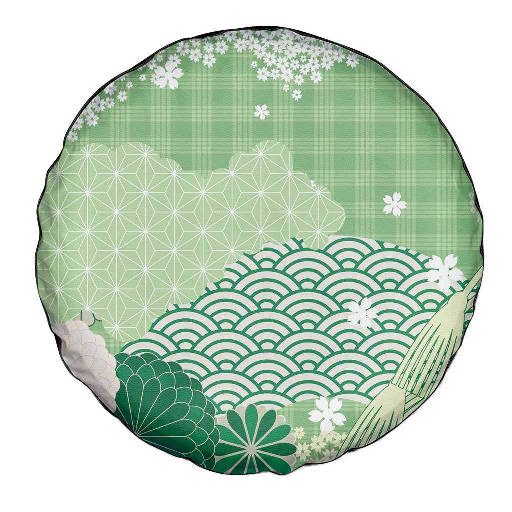 Green Palaka Japanese Patterns Spare Tire Cover Asanoha Seigaiha Sakura Motif - Polynesian Pride