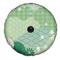 Green Palaka Japanese Patterns Spare Tire Cover Asanoha Seigaiha Sakura Motif - Polynesian Pride